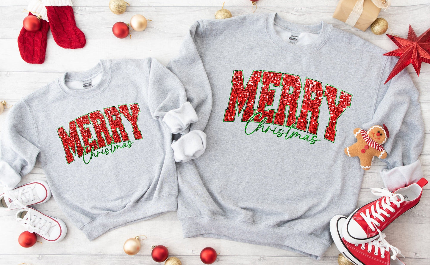 *DTF* Glittery Merry Christmas Sport Grey Sweatshirt