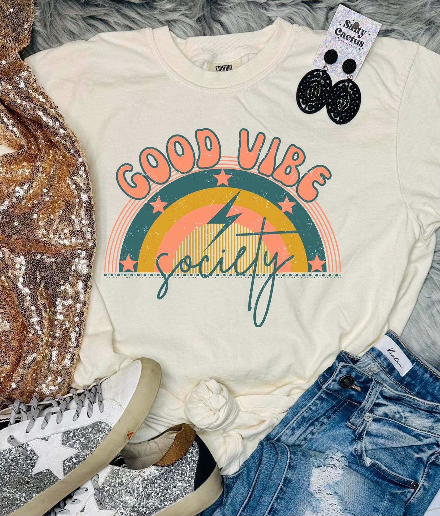 *DTF* Good Vibes Retro Rainbow Ivory Comfort Color