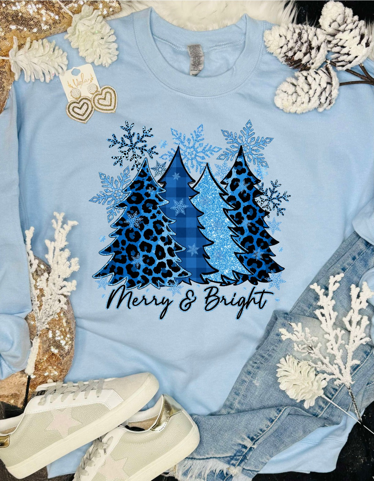 *DTF* Merry & Bright Blue and Leopard Trees Baby Blue Sweatshirt