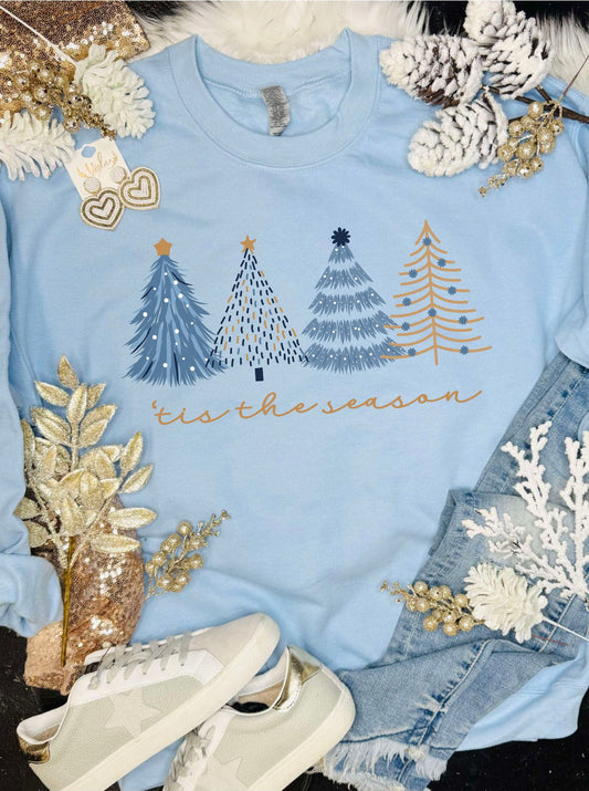 *DTF* Tis The Season Blue and Gold Trees Baby Blue Sweatshirt