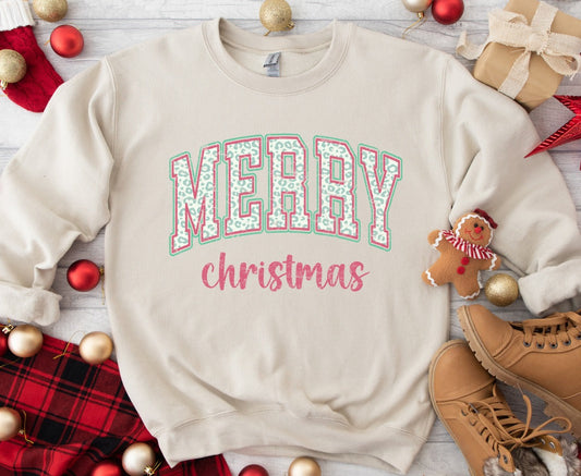 *DTF* Merry Christmas Red and Green Leopard Tan Sweatshirt