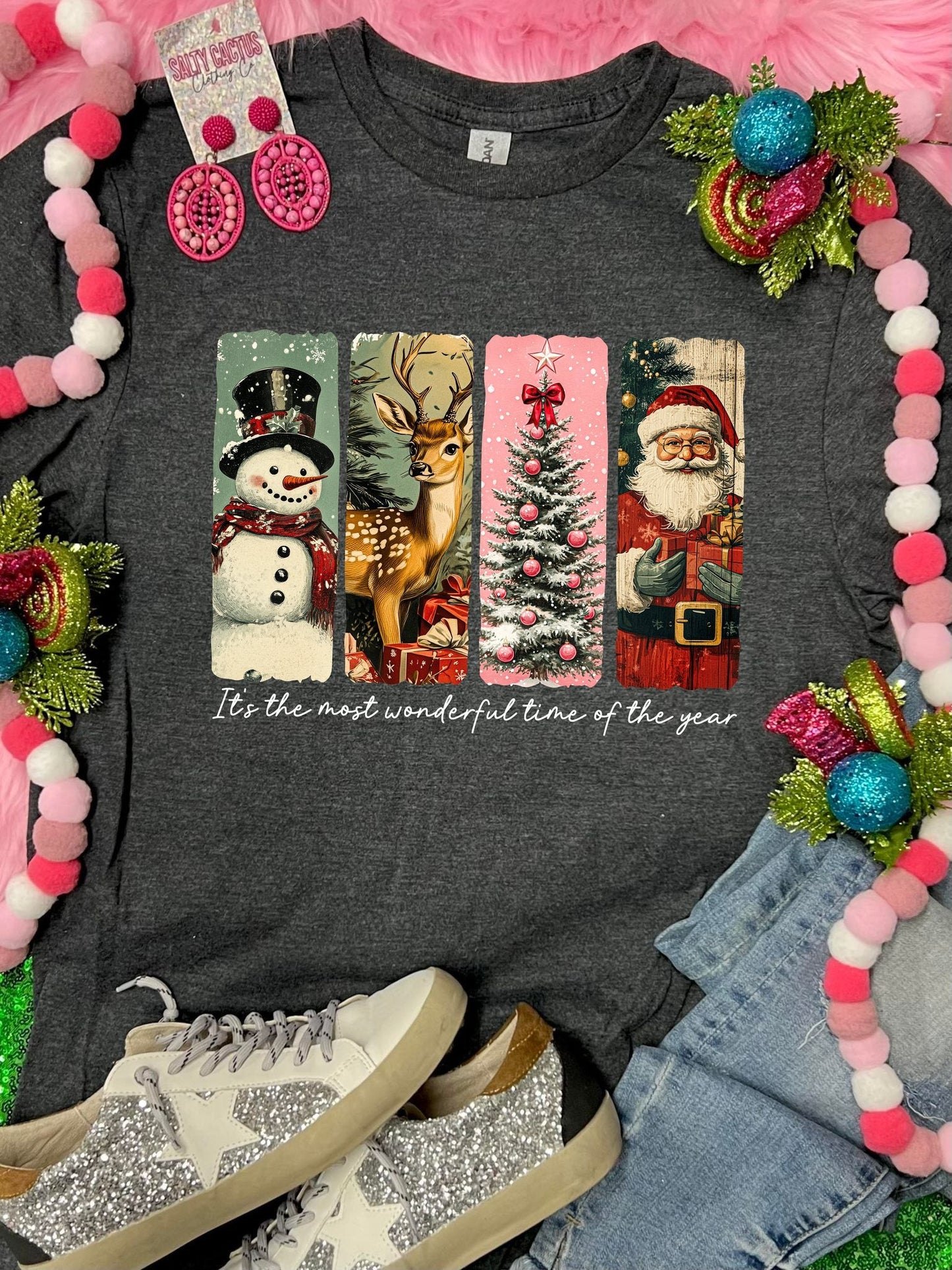 *DTF* It's The Most Wonderful Time Of Year Vintage Christmas Dark Grey Tee