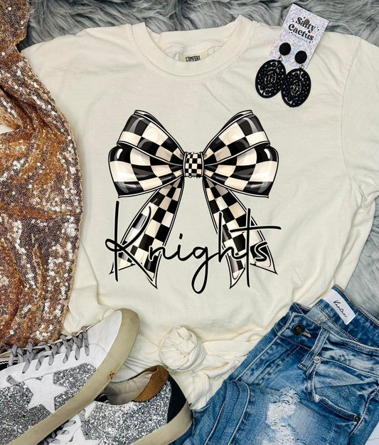 *DTF* Checkered Bow Ribbon Custom Spirit Ivory Comfort Color Tee