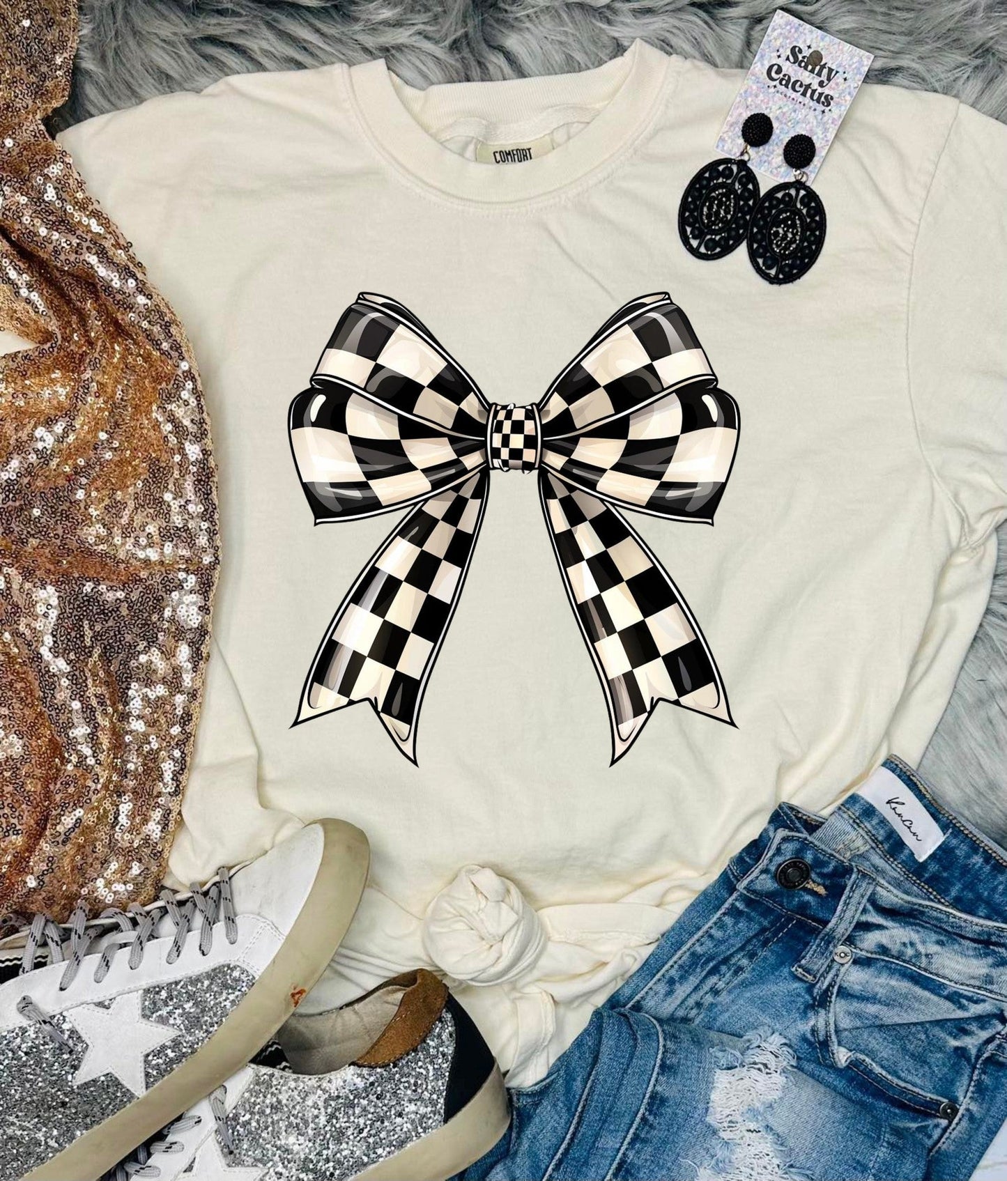 *DTF* Checkered Bow Ribbon Ivory Comfort Color Tee