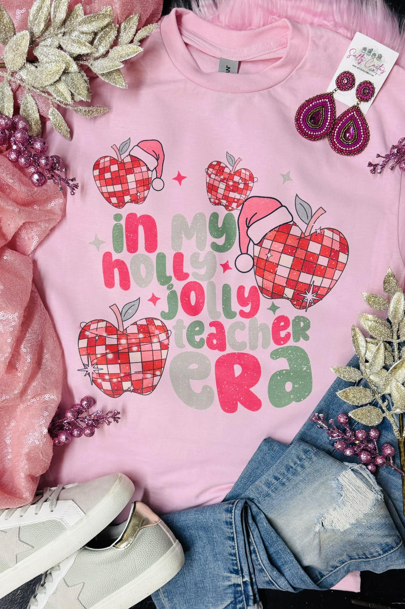 Holly Jolly Teacher Era Apple Baby Pink Tee