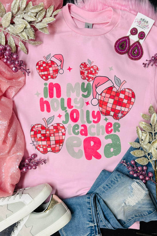 Holly Jolly Teacher Era Apple Baby Pink Tee