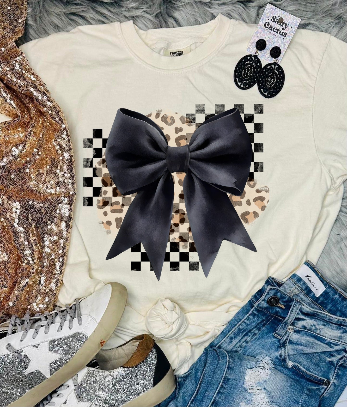 *DTF* Black Bow With Checkered and Leopard Ivory Comfort Color Tee