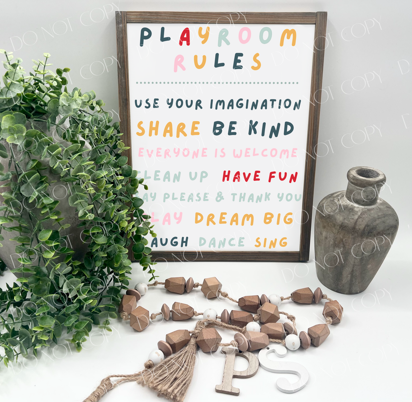 Playroom Rules Muli Colored - White/Thick/W. Gray - Wood Sign