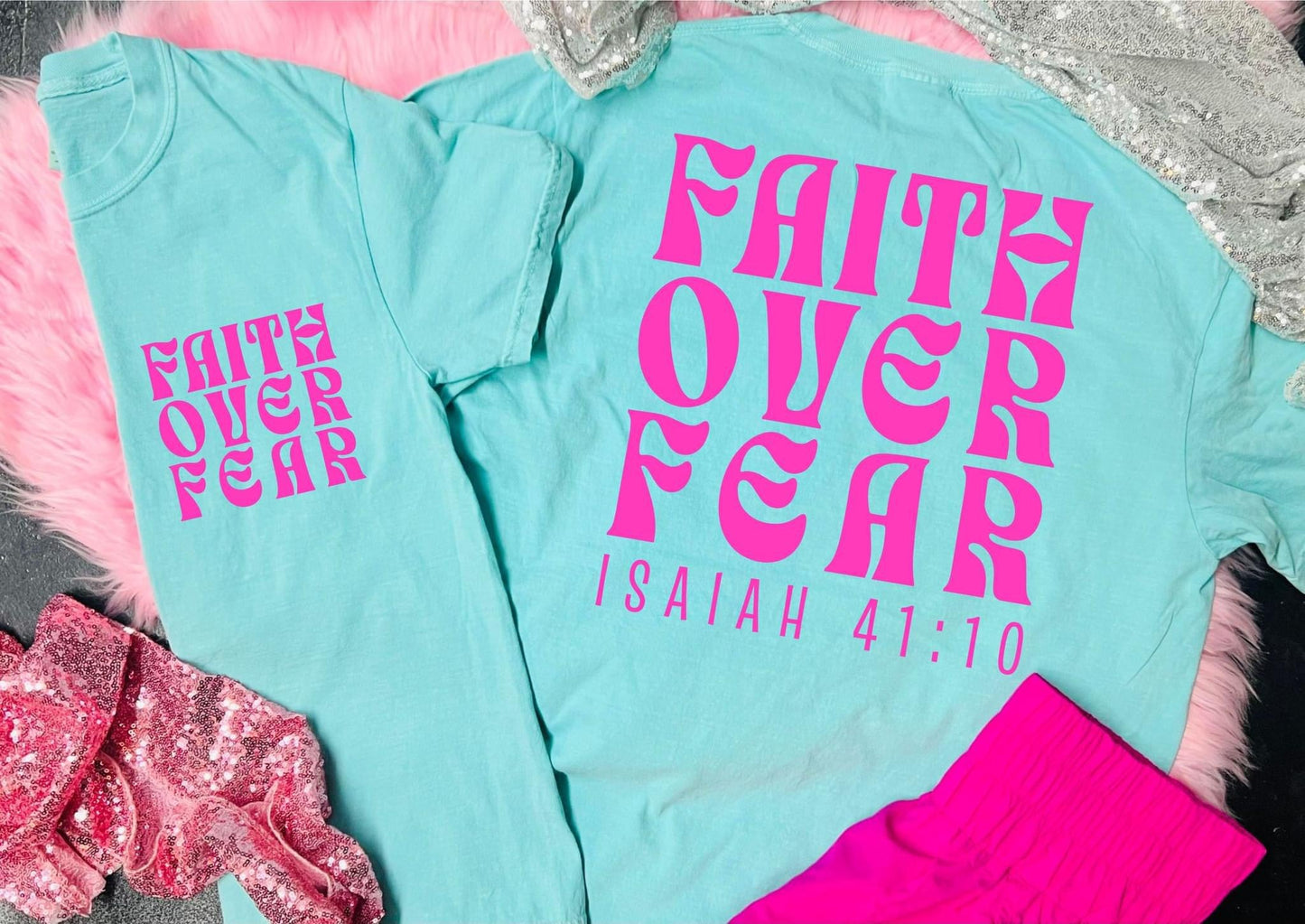 *DTF* Faith Over Fear Front Pocket and Big on Back Design on Chalky Mint Comfort Color