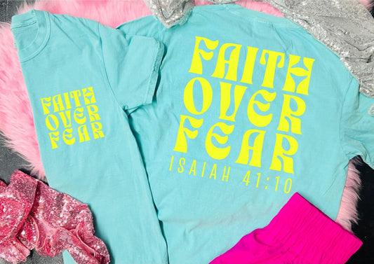 *DTF* Faith Over Fear Front Pocket and Big on Back Design on Chalky Mint Comfort Color