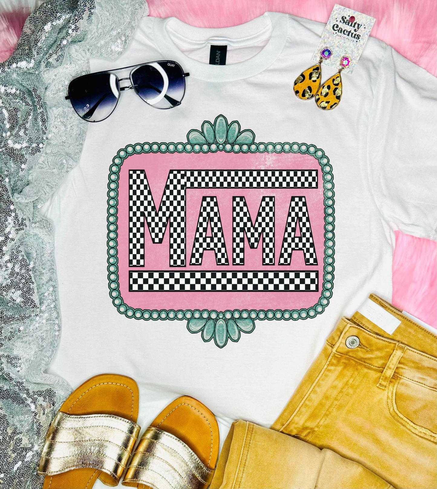 Mama Gemstone Checkered White Tee