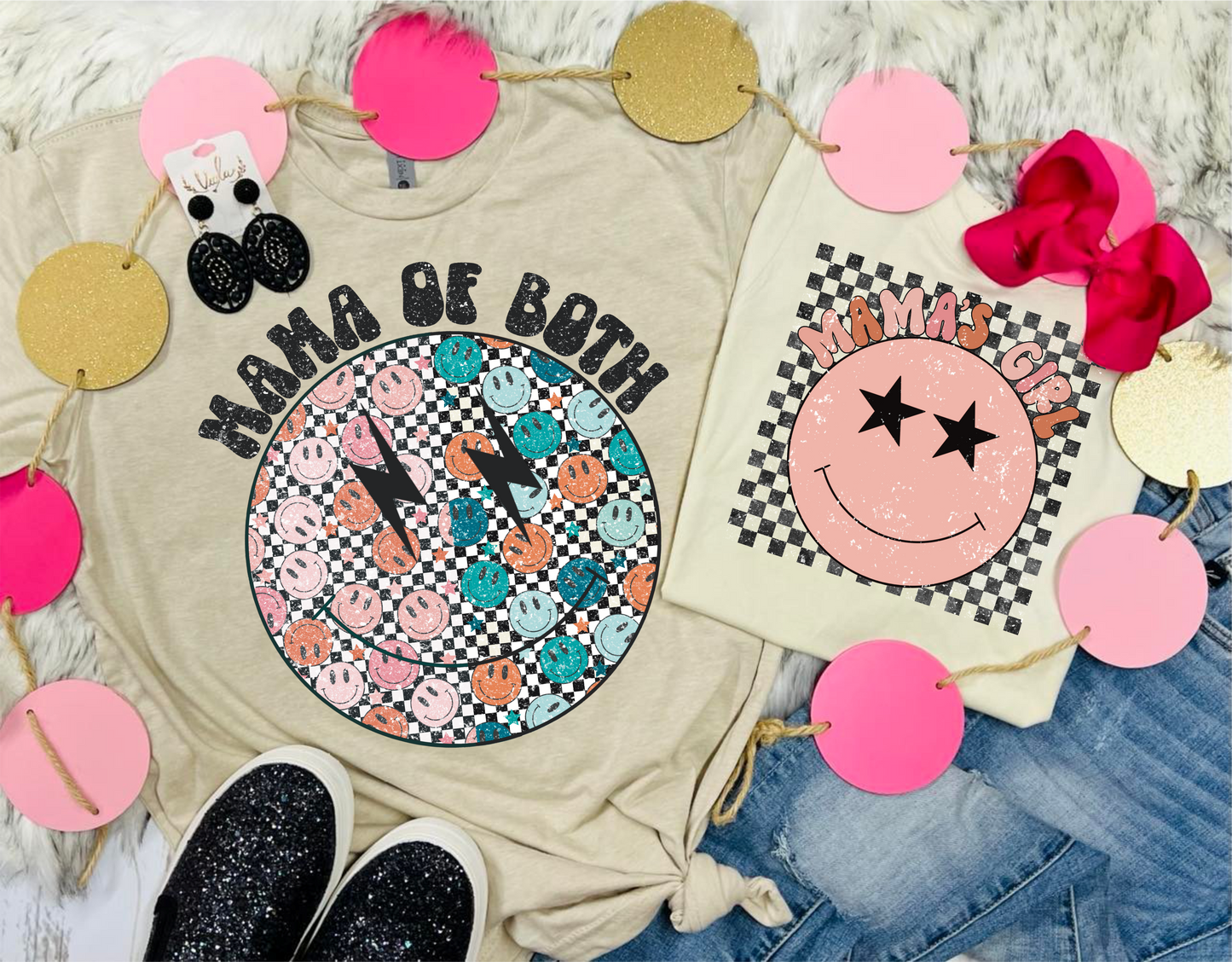 Mama of Both Checkered Pink and Blue Smiley Tan Tee