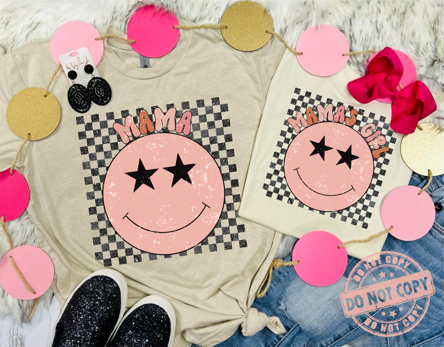 Mama & Mama's Girl Checkered and Pink Smiley Tan Tee