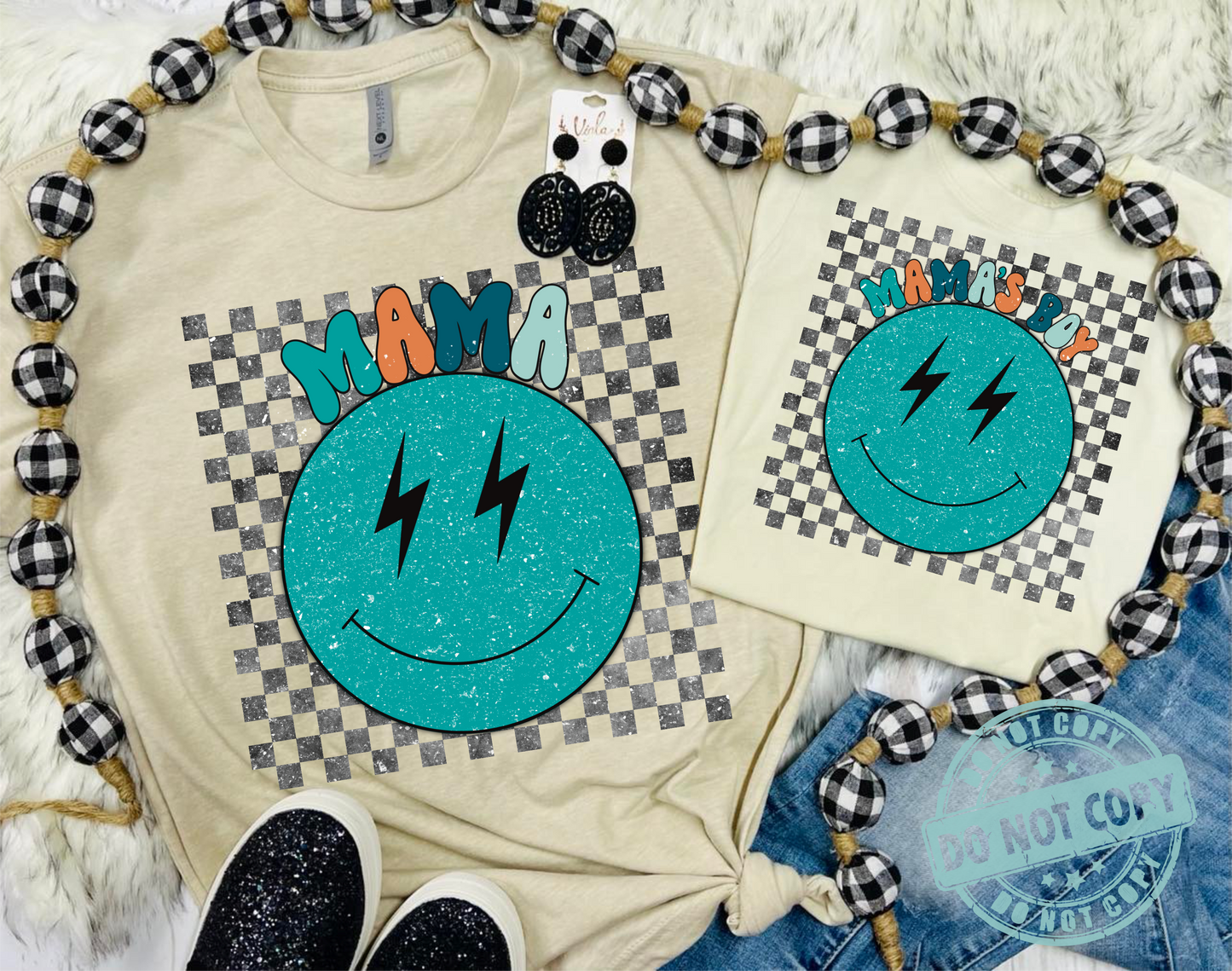 Mama & Mama's Boy Checkered and Blue Smiley Tan Tee