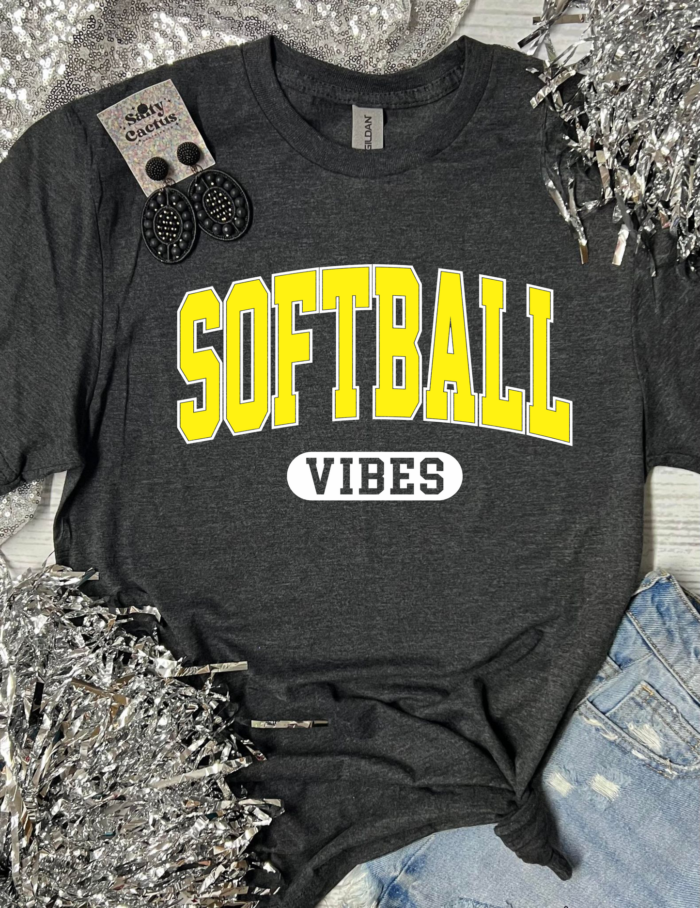 *DTF* Vintage Softball Vibes Dark Grey Tee