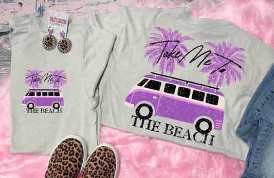 Take Me to The Beach Purple Van Front Pocket and Big on Back Design on Tan Tee