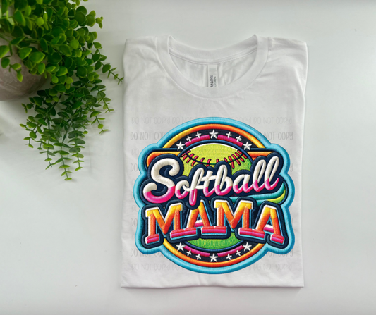 SOFTBALL MAMA FAUX EMBROIDERY    - BELLA CANVAS — WHITE