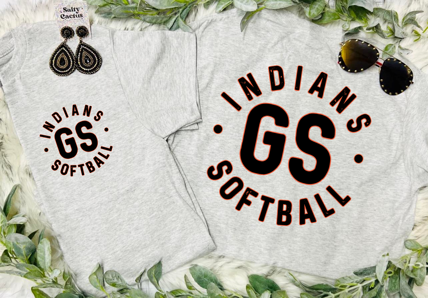 SOFTBALL Mascot Big Letter Front Pocket & Big On Back Design Ash Grey Tee