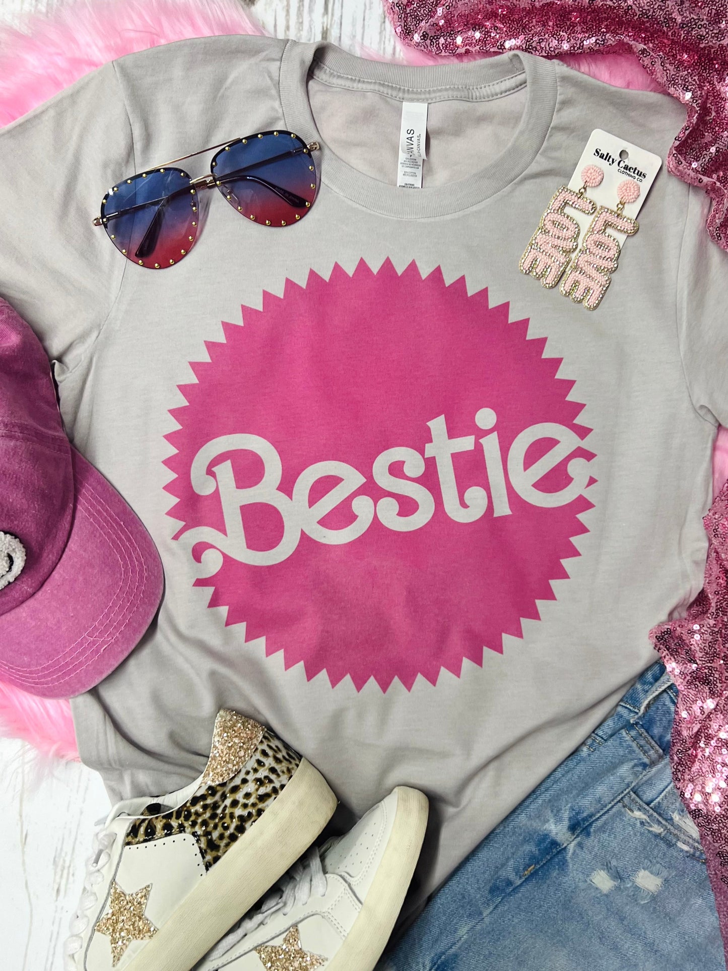 Bestie Neon Pink on Stone Grey Tee