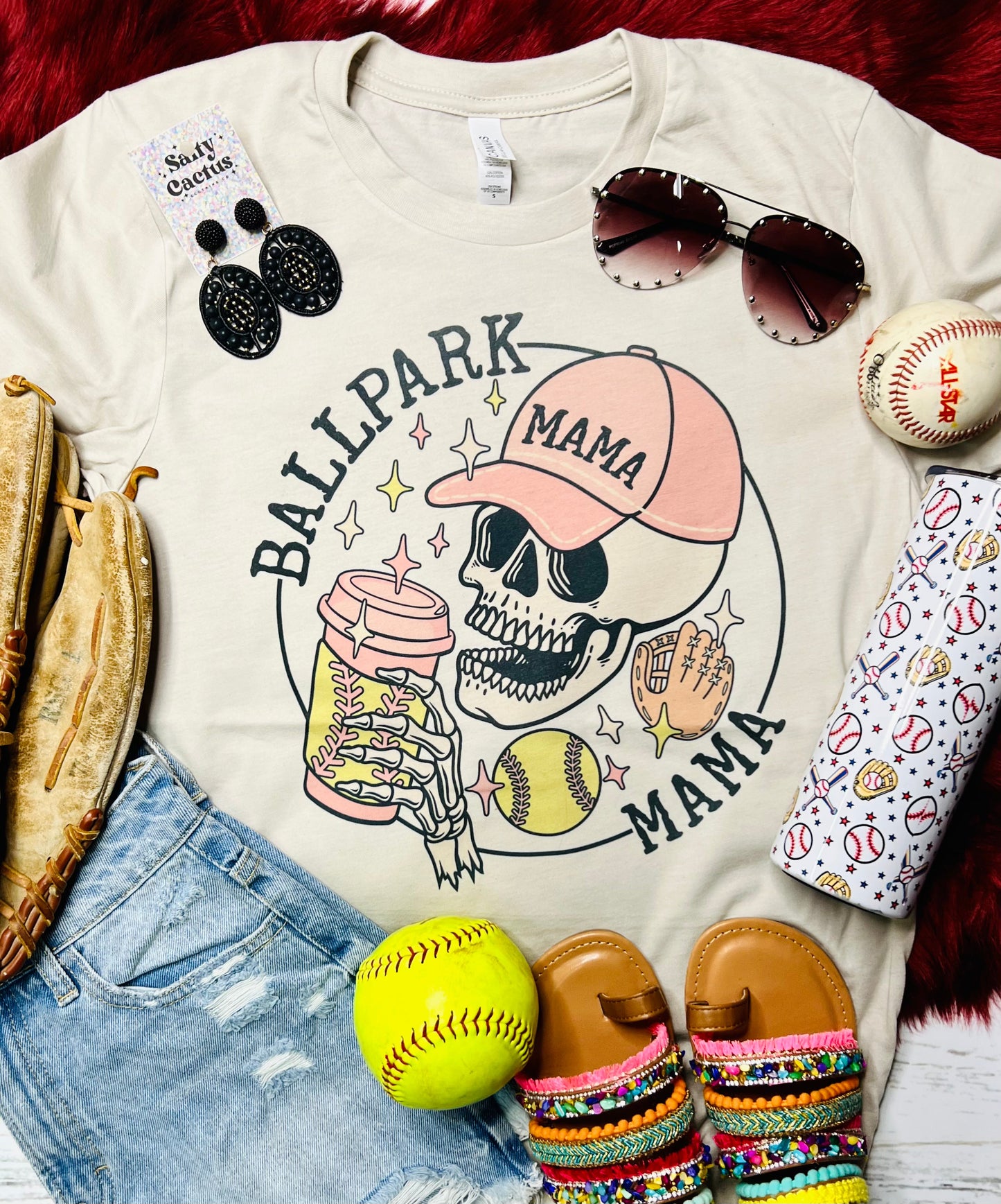 Ballpark Mama Softball Skeleton Tan Tee