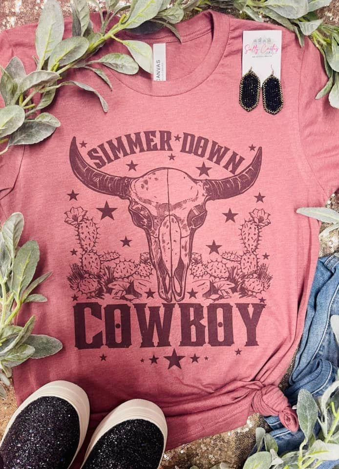 Simmer Down Cowboy Black Design Mauve Tee