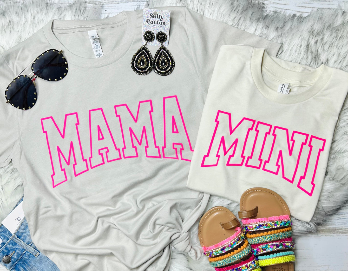 *PUFF* Mama/Mini Neon Pink Puff on Tan Tee