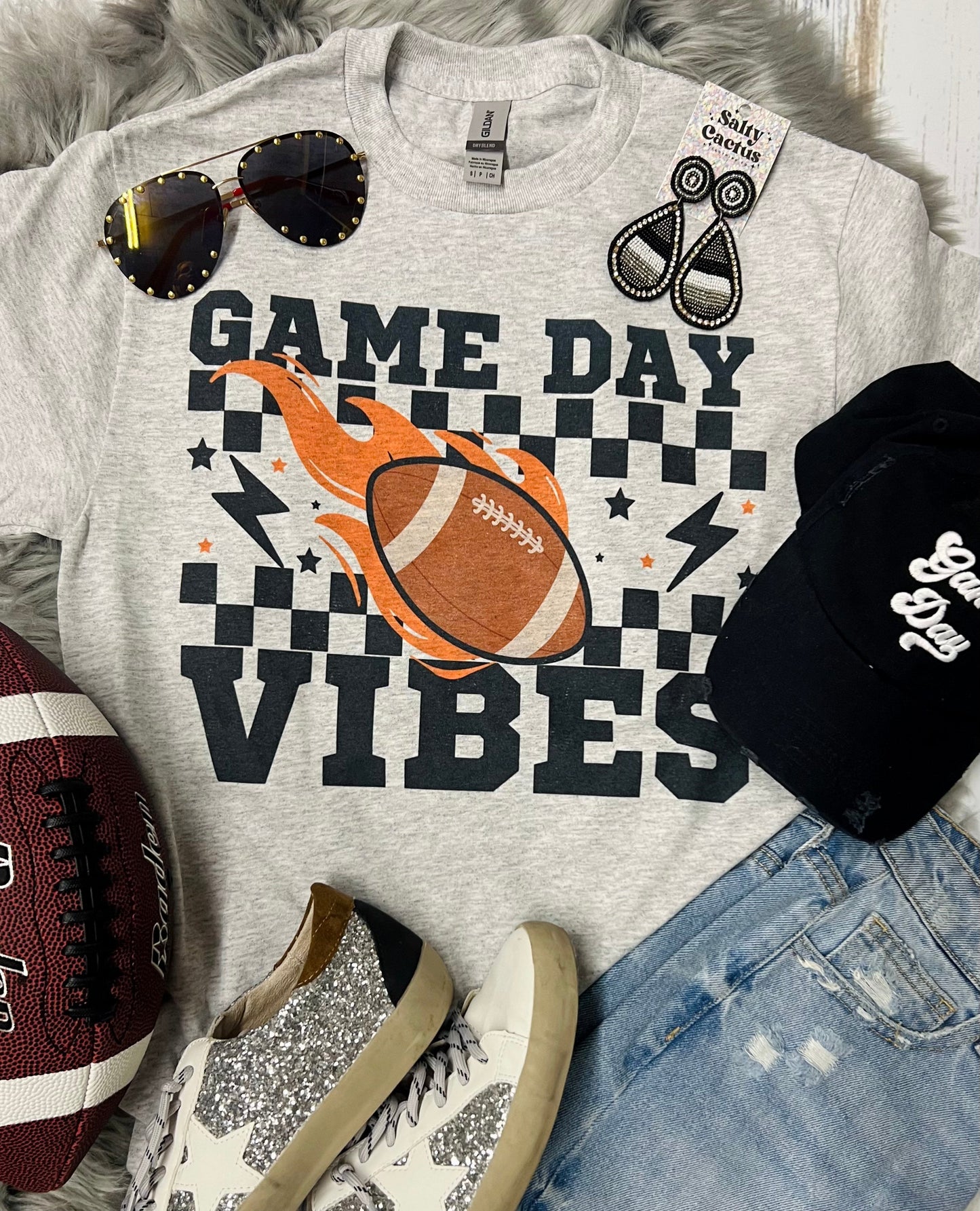 Game Day Vibes Football Checkered Ash Grey Tee