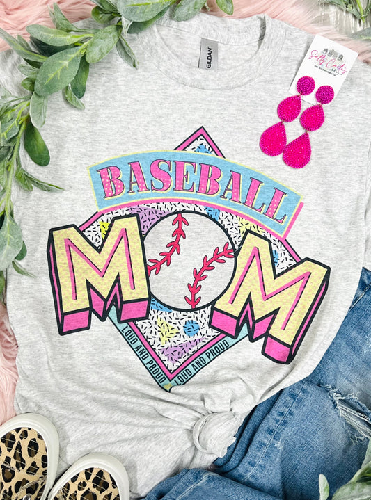 Baseball Mom Neon Colors Grey Tee