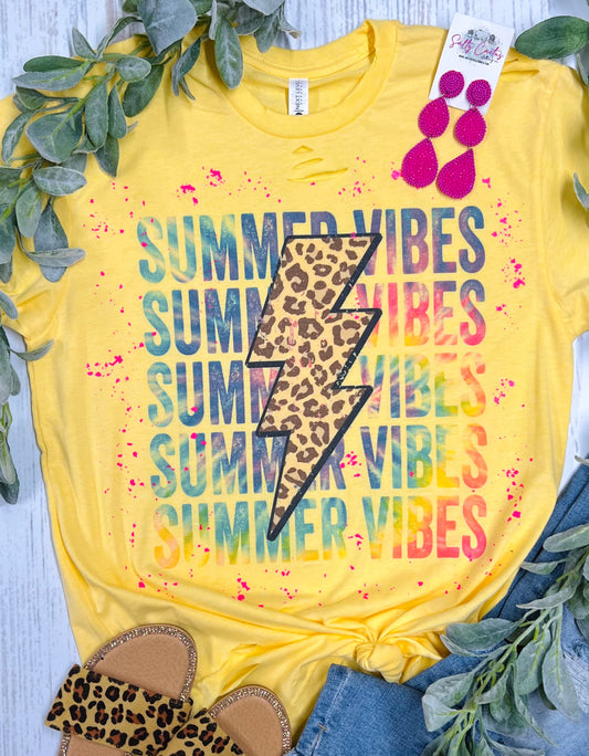 Summer Vibes Neon Tie Dye Lightning Bolt w/ Neon Pink Splatter Pale Yellow Tee