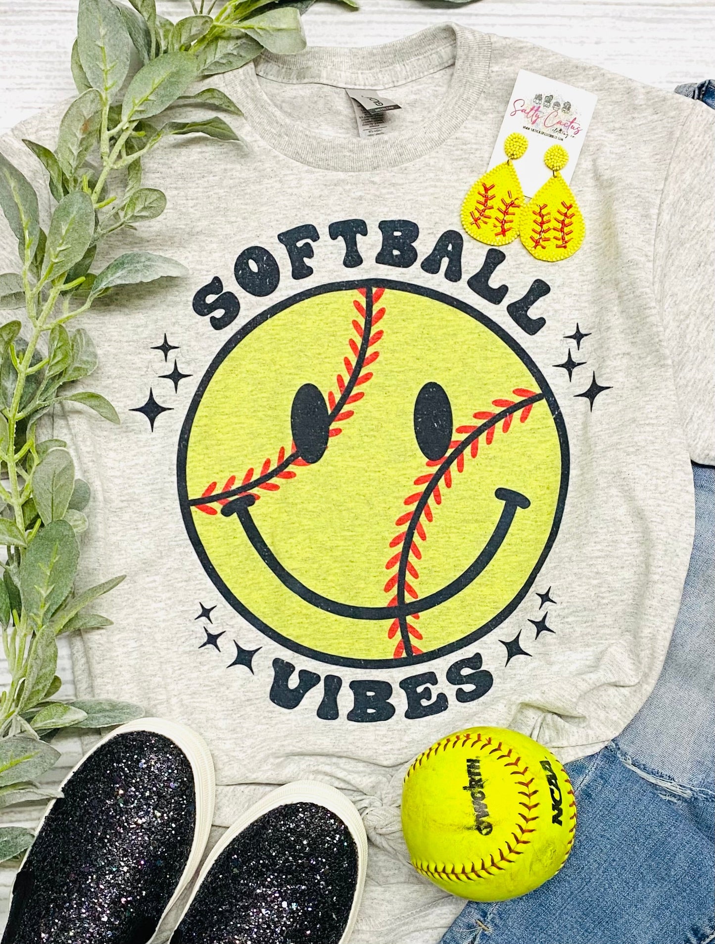 Softball Vibes Leopard Smiley Grey Tee