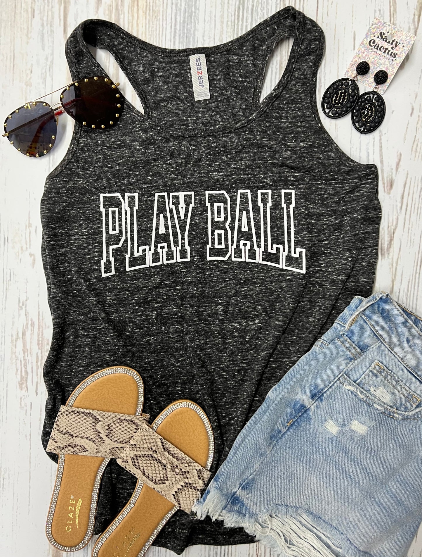 *PUFF* Play Ball Outline Jerzee Black Ink Racerback Tank