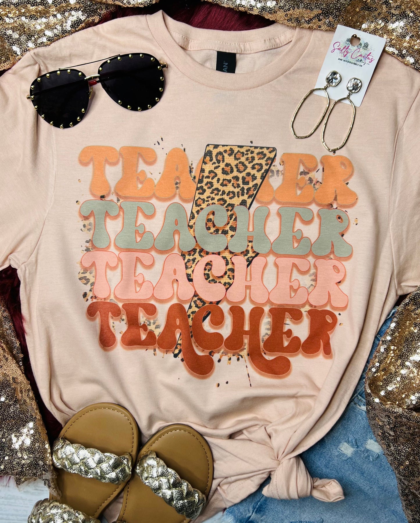 Teacher Teacher Teacher Leopard Bolt Peach Tee