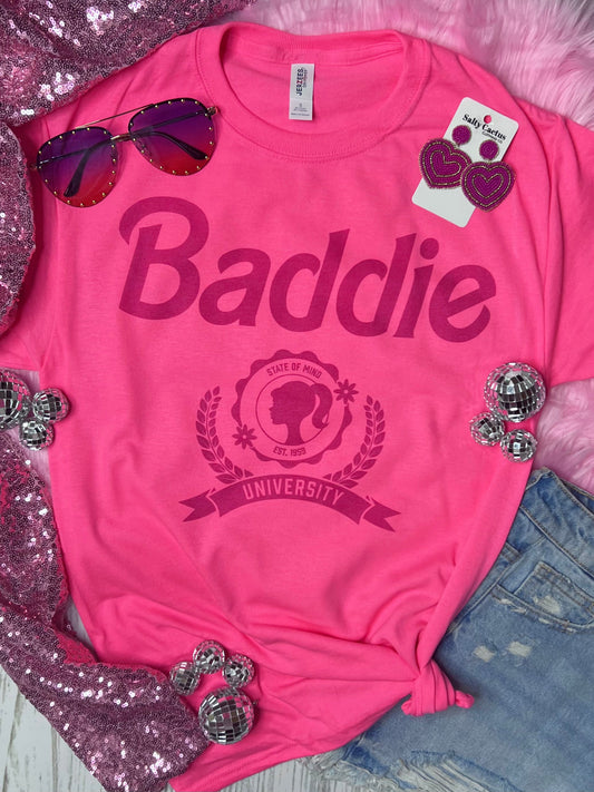 Baddie University on Neon Pink Tee