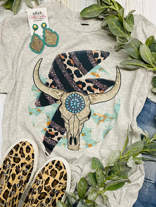 Turquoise Cow Skull Grey Tee