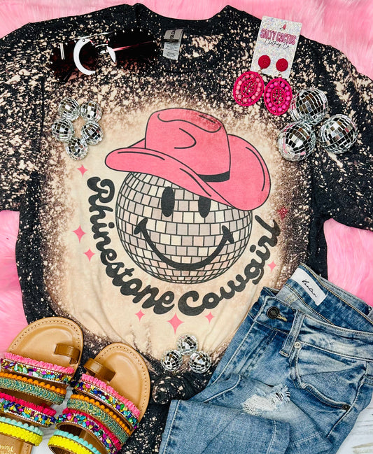 Rhinestone Cowgirl Disco Smiley Grey Bleached Tee