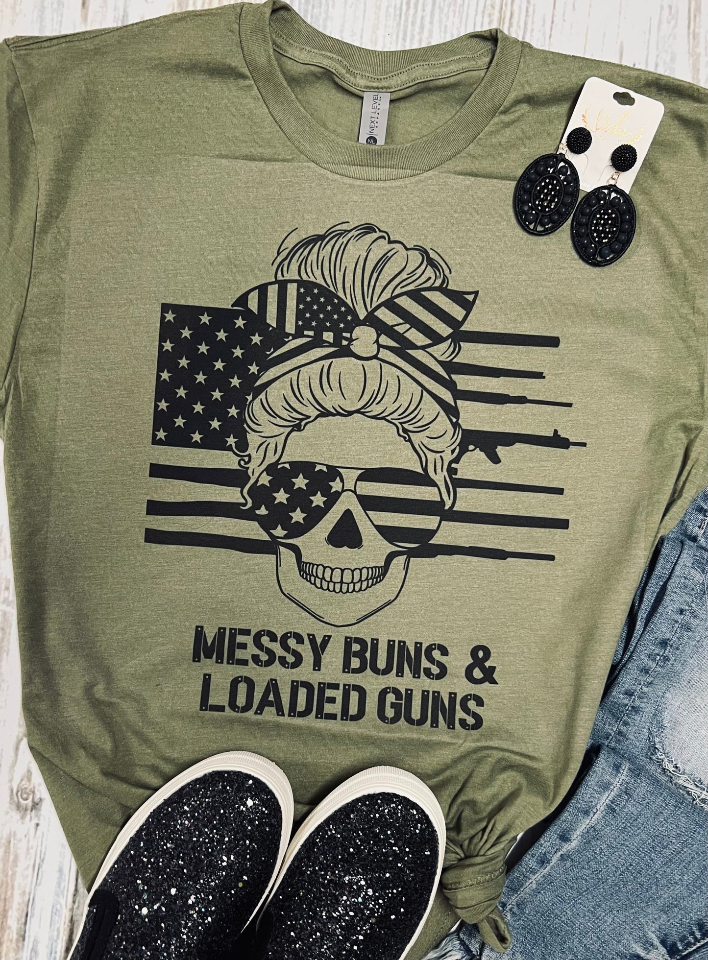 Messy Buns & Guns Olive Green Tee