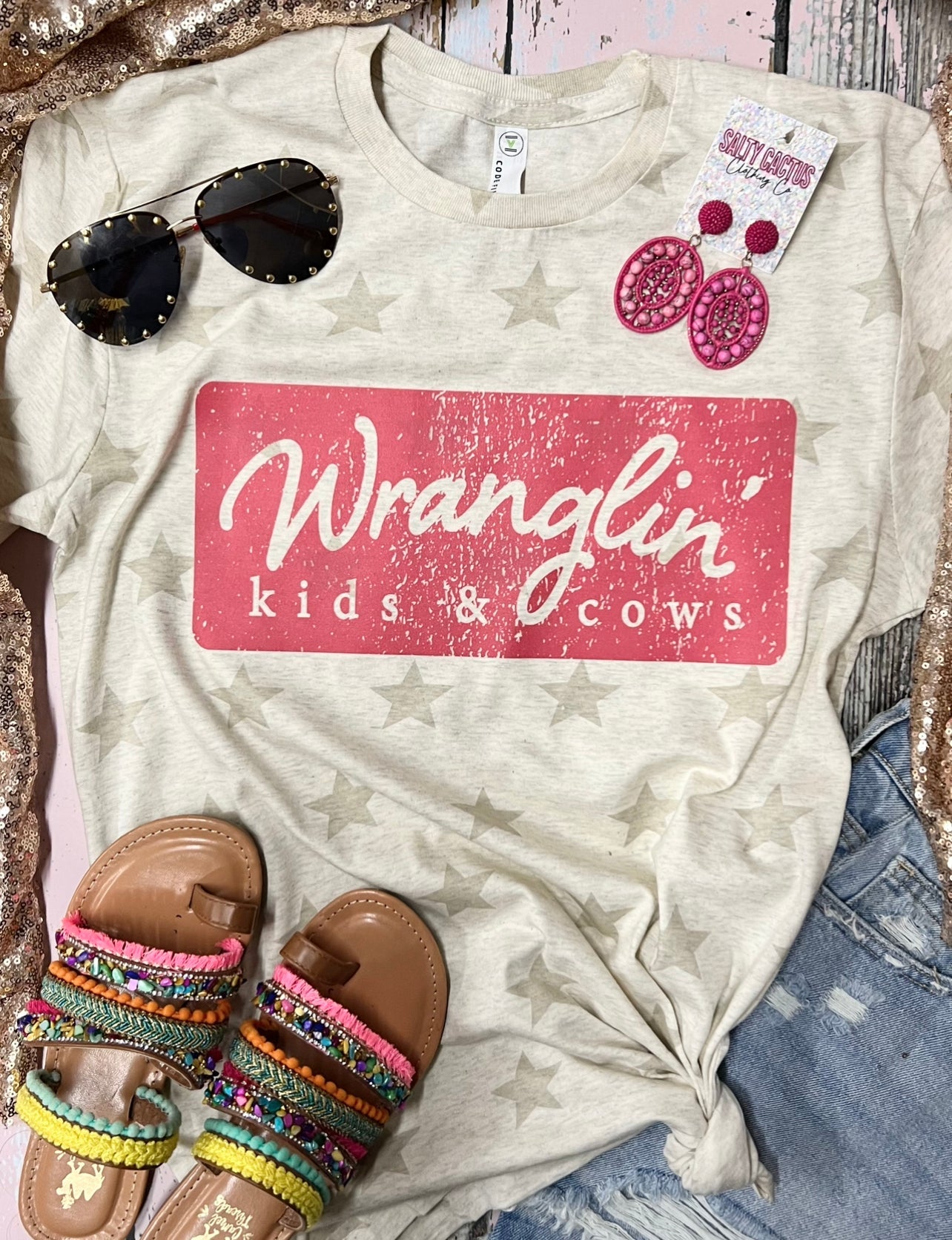 *DTG* Wranglin’ Kids & Cows Tan Star Code Five Tee