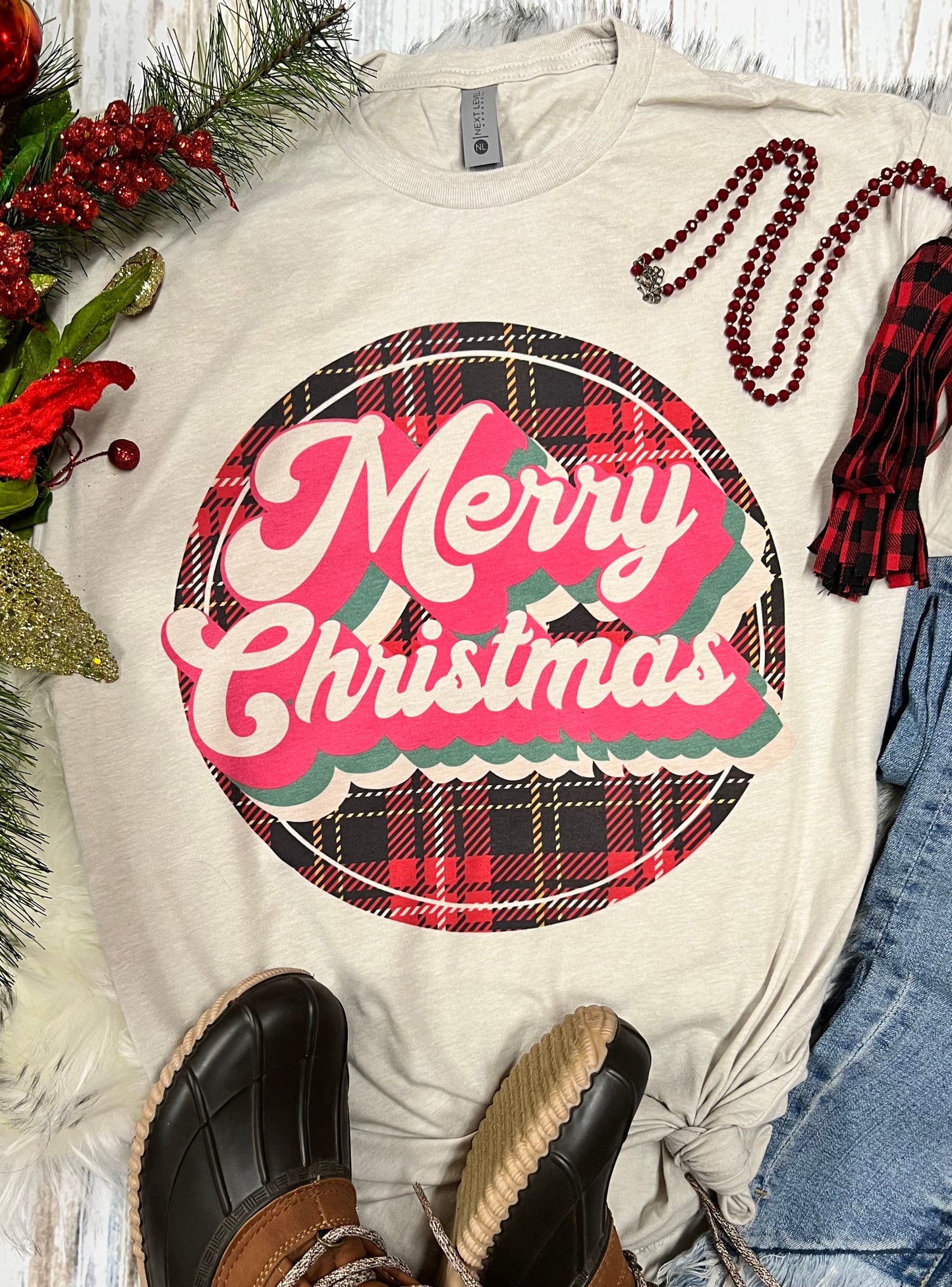 Merry Christmas Plaid Circle Tan Tee