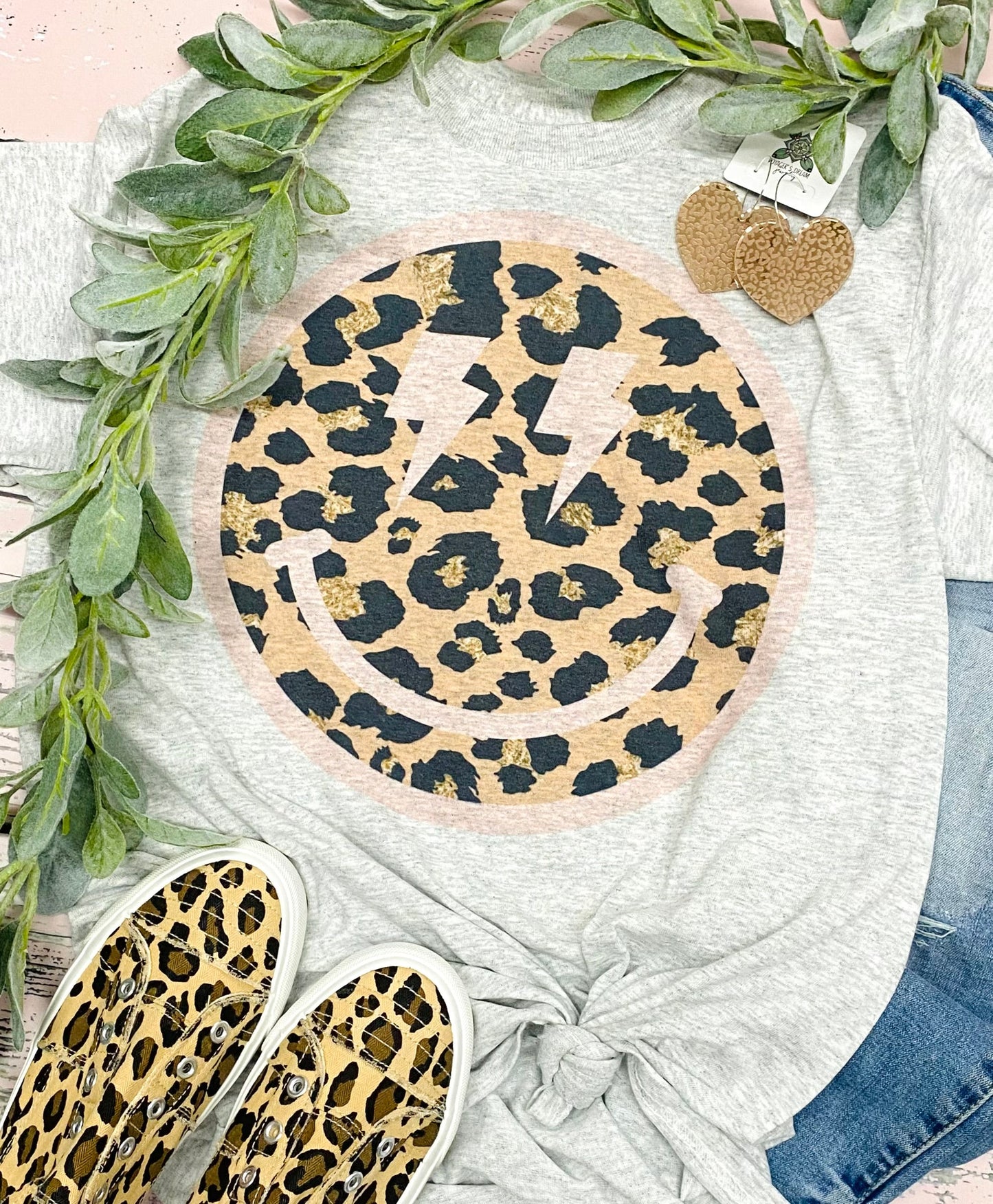 Leopard Smiley Face Grey Tee