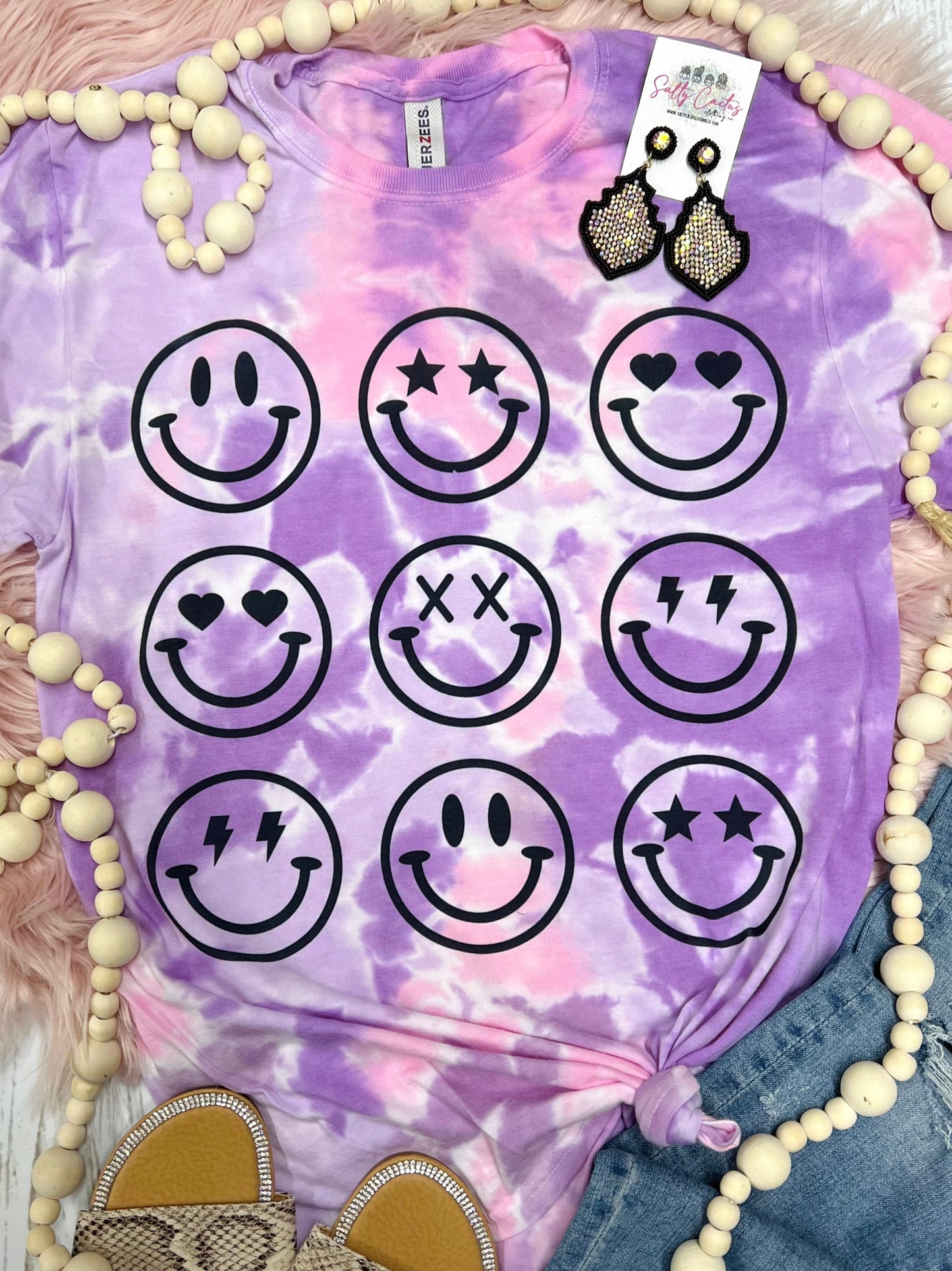 Smiley Faces All Black Design Pink/Purple Tie Dye Tee