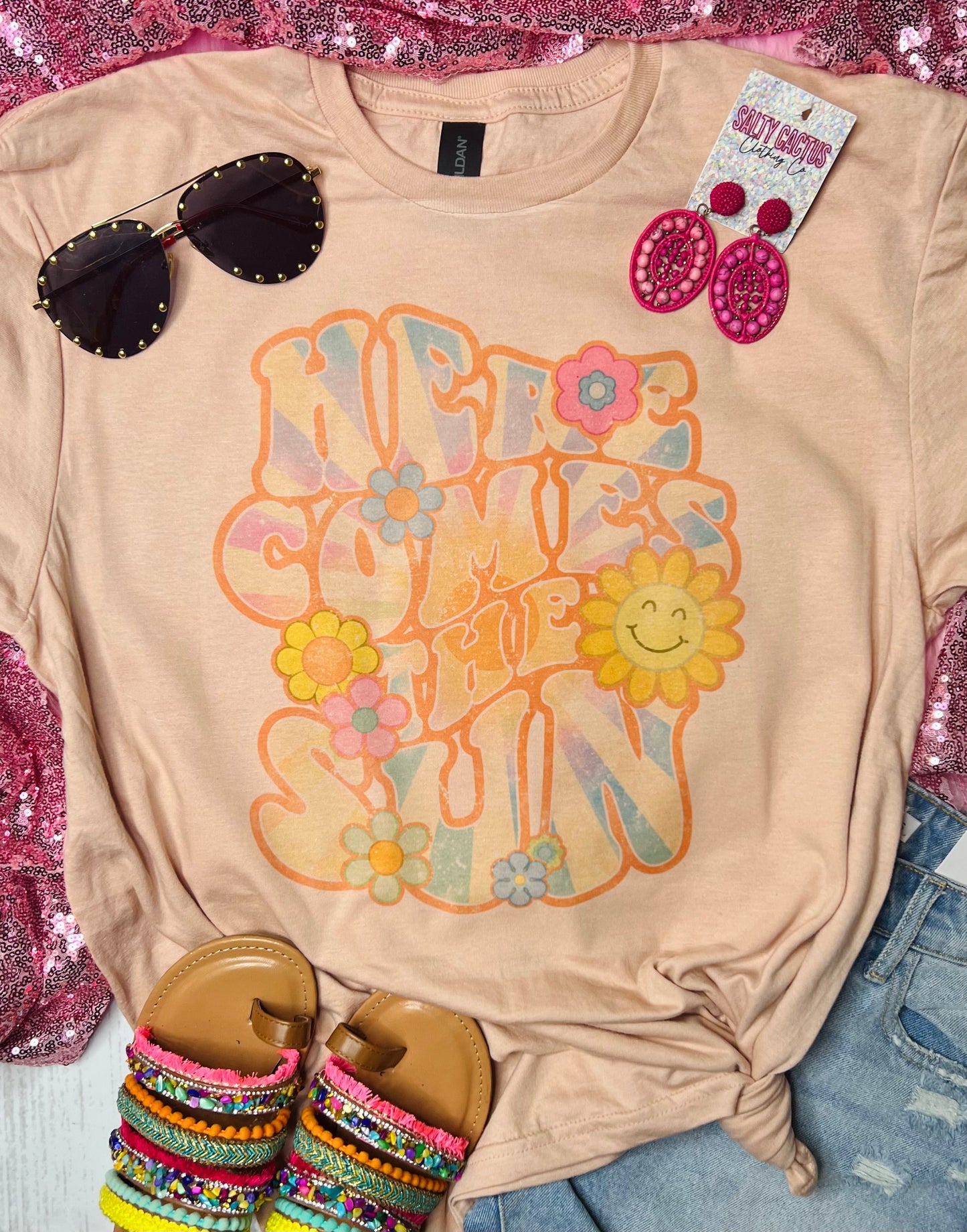 Here Comes The Sun Flowers Peach Tee