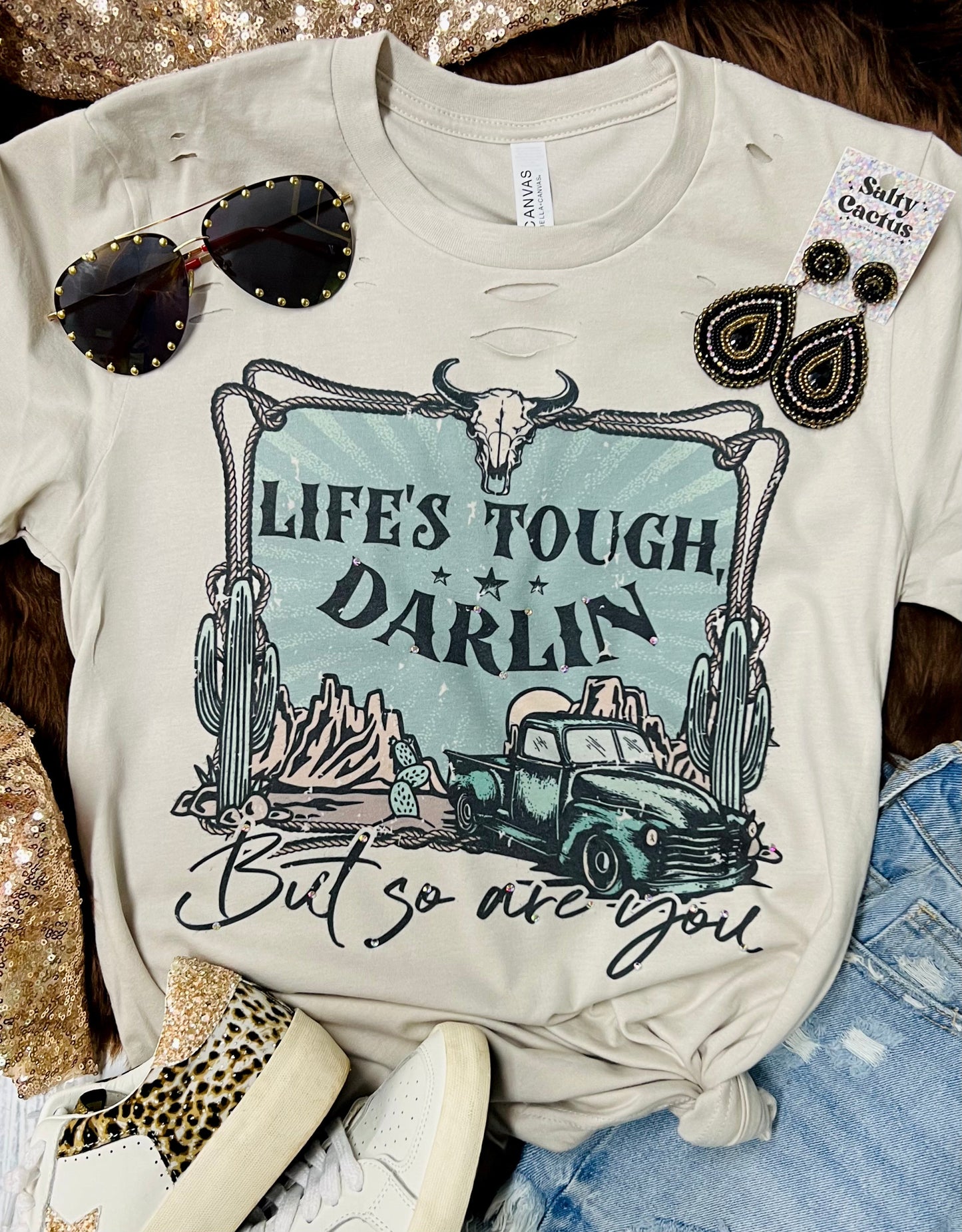 Life’s Tough Darlin *Distressed* and *Embellished* Stone Grey Tee