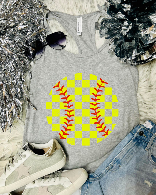 *DTF* Checkered Softball Light Grey Bella Racerback Tank