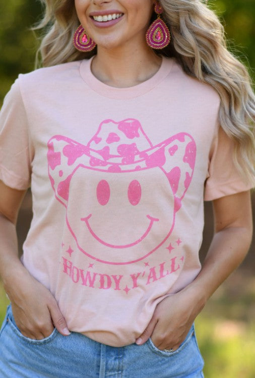 Howdy Yall Pink Smiley Peach Tee