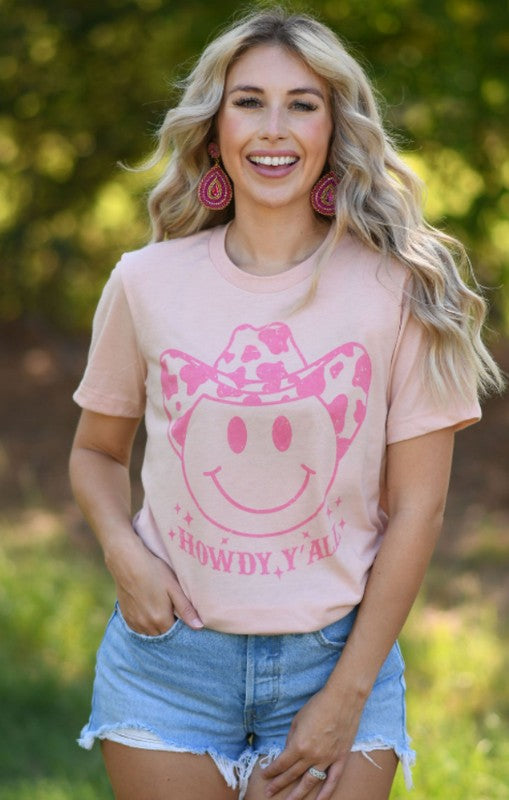 Howdy Yall Pink Smiley Peach Tee