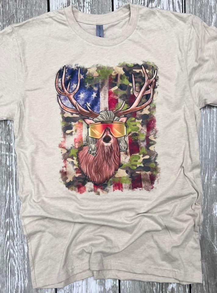 Mullet Deer American Flag Tan Tee