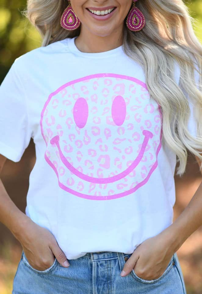 Neon Pink Smiley Face Leopard White Tee