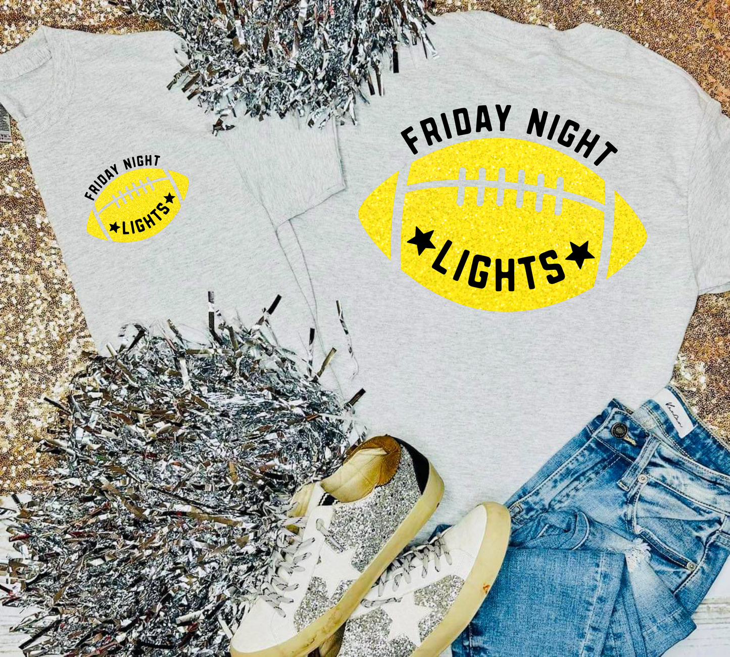 Friday Night Lights Football Glitter Design on Ash Grey Tee