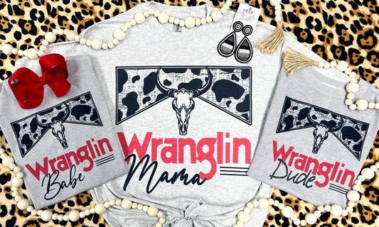 Wranglin Mama/Babe/Dude Cow Print Grey Tee